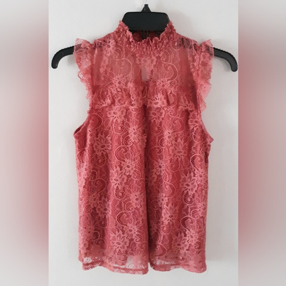 Self Esteem Rose Lace Sleeveless Mock Neck Blouse